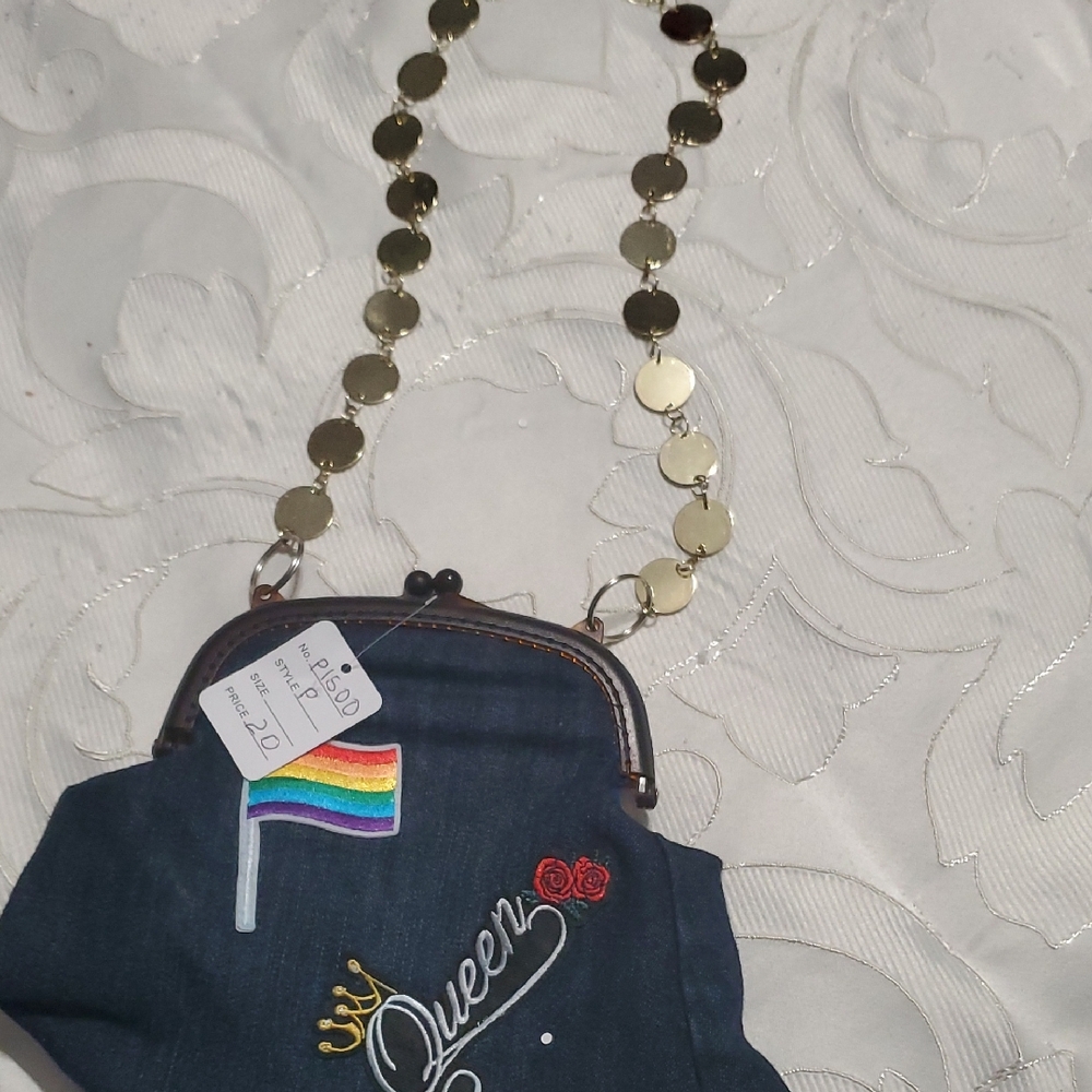 Denim Coin Purse with Gold Chain